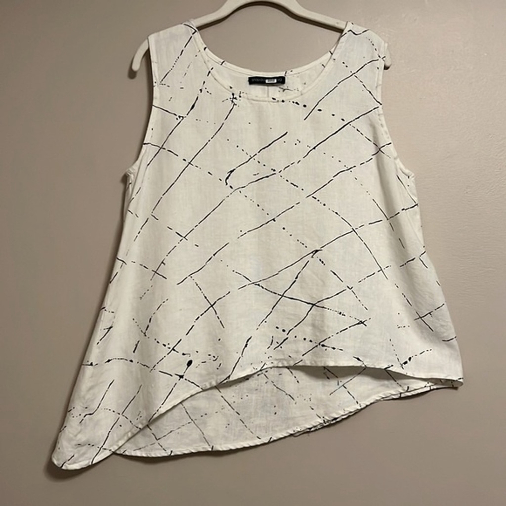 Snapdragon & Twig White Black‎ Opt Art 100% Linen Beach Lagenlook Top M